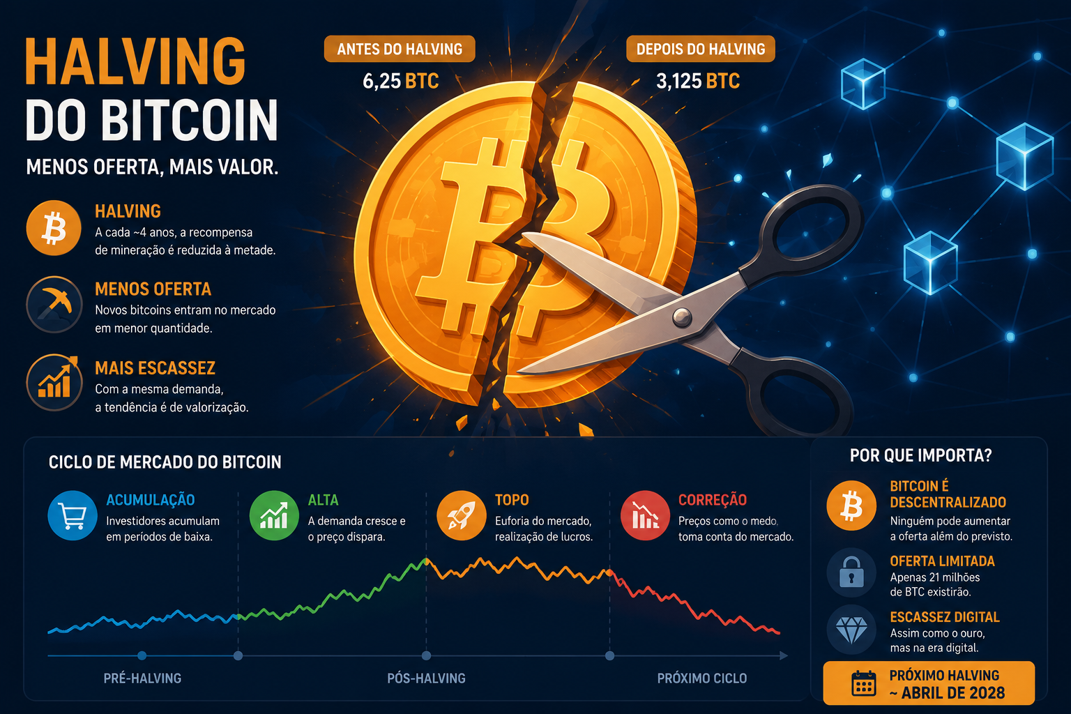 Capa do artigo Bitcoin Halving: O Que Foi, O Que Mudou e Como Impacta Seus Criptos em 2026